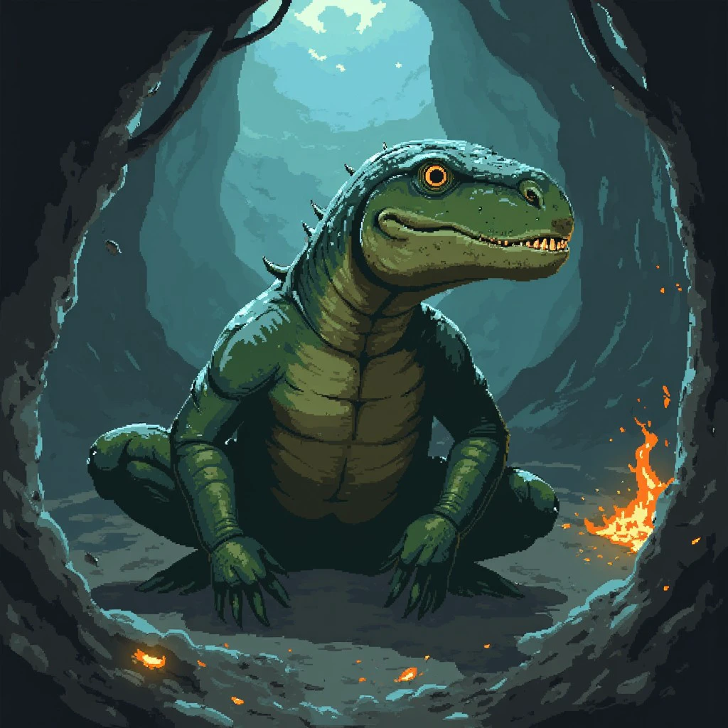 riskofrain character portrait, the elder lemurian, a very powerful reptile creature and a clearly advanced form of the lemurian species, this lizard-humanoid has a long neck with small spikes, glowing eyes and it breathes fire, green-skinned reptile monster, underground cavern with bioluminescent fungi