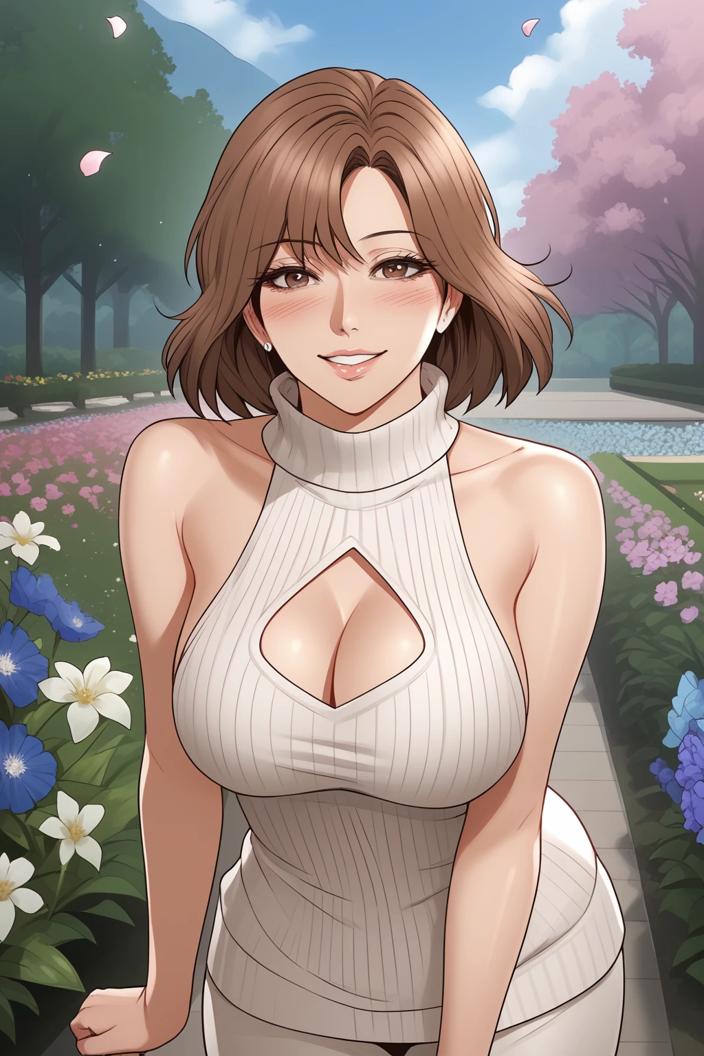 Seo Yeon, Brown Hair, Hair To Shoulder, Brown Eyes, Cleavage, red virgin killer sweater,
(nsfw), (uncensored), (score_9), score_8_up, score_7_up, source_anime, cowboy shot, dynamic pose, Happy, Smile, Parted Lips, blush, ashamed, shy, sexy, charming, alluring, seductive, enchanting, erotic,
((outdoors)), ((flower garden)), ((flowers)), ((many flowers)), spring petals, petals of flowers, spring, falling petals, flying butterflies<lora:EMS-463294-EMS:1.000000>