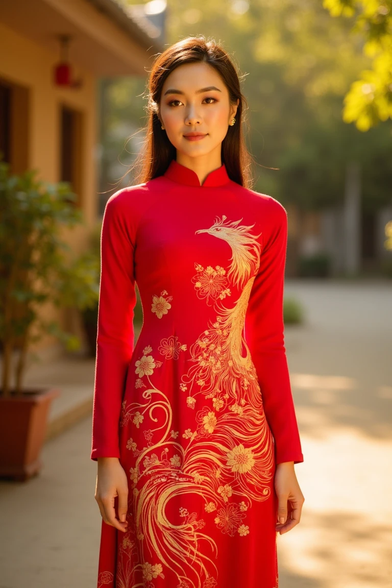 A Vietnamese woman stands tall and graceful in a striking redao dai adorned with an intricate golden phoenix print, long sleeves. The rich red silk shimmers in the light, while the majestic phoenix design, with its sweeping wings and delicate feathers, exudes elegance and power. Her long, straight hair cascades smoothly down her back, contrasting beautifully against the vibrant red of her dress. The warm sunlight enhances the luxurious gold accents of the phoenix, giving the entire image a regal, majestic aura. The shot is taken from a medium angle, showcasing the full length of the ao dai and capturing the girl’s poised stance and serene expression. The mood is dignified and culturally rich, blending the symbolism of the phoenix with the timeless grace of Vietnamese tradition.