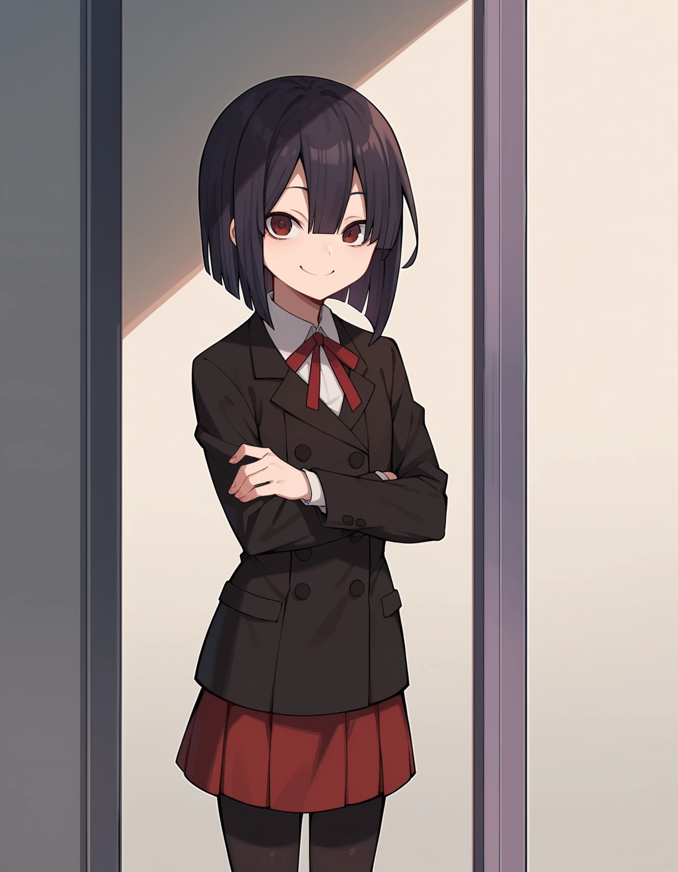 zPDXL2, score_9, score_8_up, score_7_up,
1girl, solo, <lora:AkanePony-17:0.9> AkaneDora, child, black hair, blunt bangs, brown eyes, small breast,
black blazer, closed blazer, long sleeves, red neck ribbon, red skirt, black pantyhose,
standing, crossed arms, looking at viewer,  smile