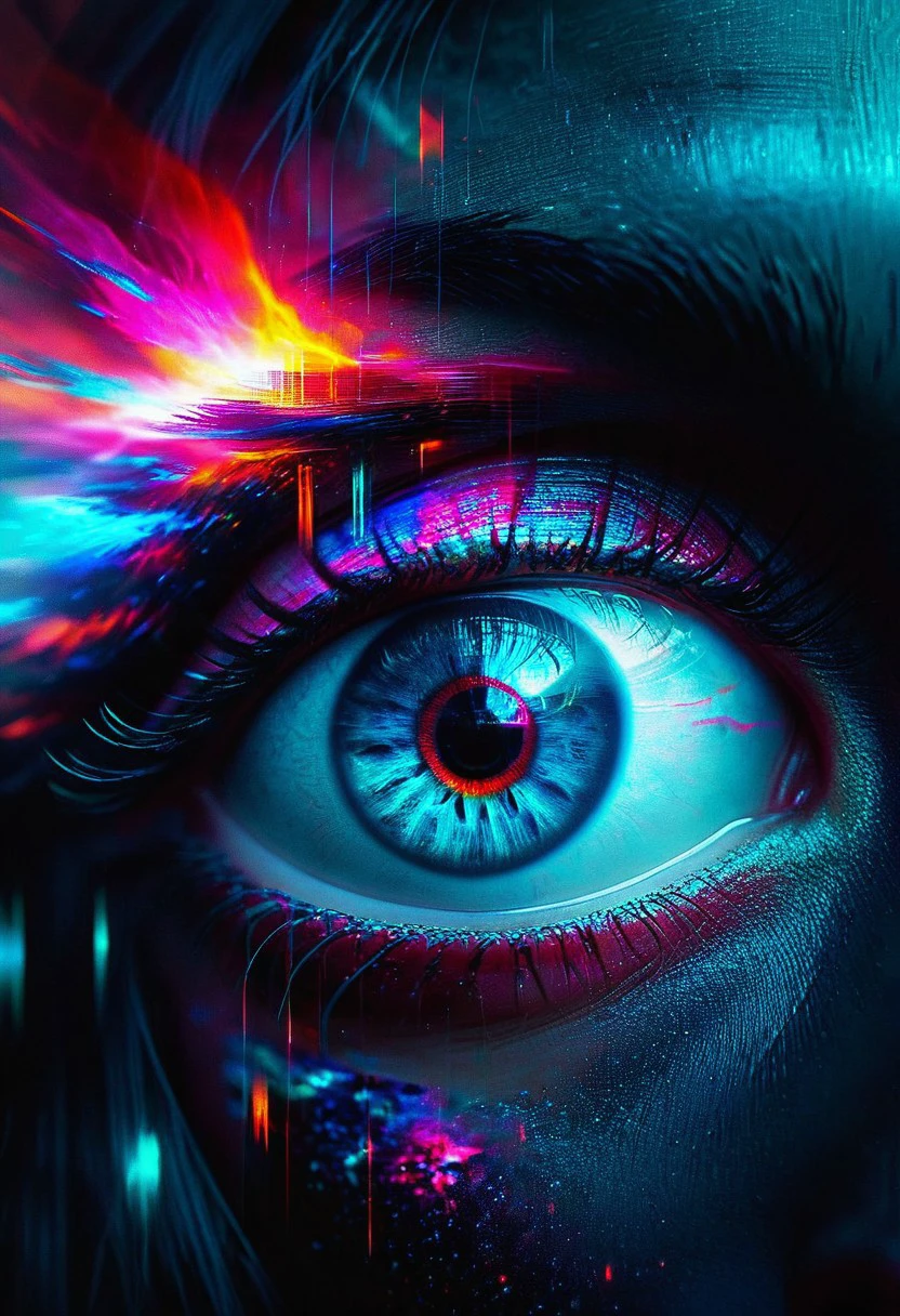 glitchstyle, glitch, flickering, digital, glitch style, A flux-style macroscopic photo of a female eye, evil monsters, horror, dark and dramatic atmosphere, 8k resolution, 4k image. HDR highly detailed. vivid, UHD, amazing depth, glowing rich colors, powerful imagery.