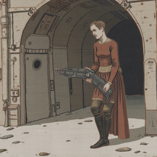 Style by Bayeux Tapestry, A female colonial marine stands her ground in a deserted spaceship hangar, the Rifle gripped firmly in her hands. The cold, metallic environment contrasts with the fiery determination in her eyes as she waits for the next wave of attackers.