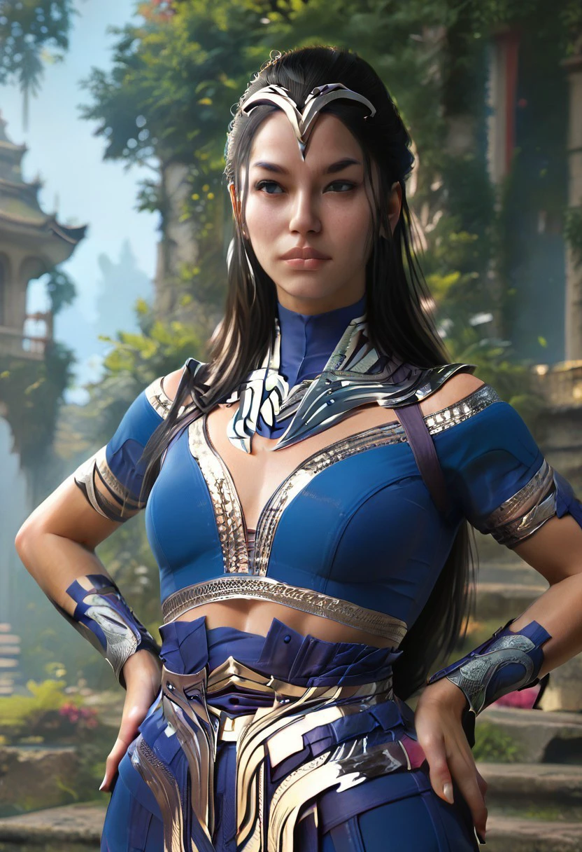 score_9, score_8_up, score_7_up, score_6_up, 1girl, solo, kitana_nomask, upper body, hands on hips, temple background