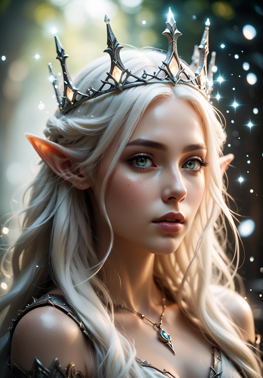 B_7, A magical scene featuring an elf woman with long, flowing white hair and pointed ears, cute crown, glowing particles. The soft, ethereal light from the illuminates her face and highlights the delicate details of her features and surroundings. Her expression is one of quiet concentration as she interacts with the mysterious substance. Captured with a Nikon Z9 using a NIKKOR Z 85mm f/1.2 S lens, aperture set to f/2.2, ISO 400, emphasizing the luminous quality of the scene while maintaining sharp focus on the subject, <lora:BDetailedv4:0.6>