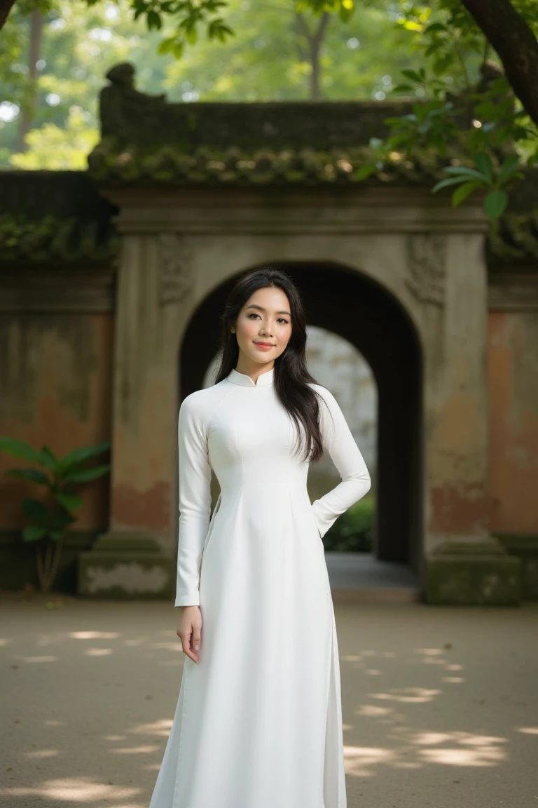 A Vietnamese girl stands with poised elegance in a traditional white ao dai, the fitted, flowing dress accentuating her graceful silhouette. Her long, jet-black hair cascades over her shoulders, contrasting beautifully against the crisp purity of her outfit. She is positioned in front of an old, moss-covered temple, where the rustic, weathered walls evoke a sense of cultural heritage and timeless beauty. The soft morning light filters through leafy trees, casting dappled shadows that dance on the ground and create a serene, tranquil ambiance. Her expression is calm and contemplative, with a subtle smile hinting at inner peace. The shot is taken from a three-quarter angle, highlighting both her elegant form and the rich textures of the traditional setting. The mood is serene and dignified, capturing the harmony between her delicate beauty and the cultural depth of her surroundings.