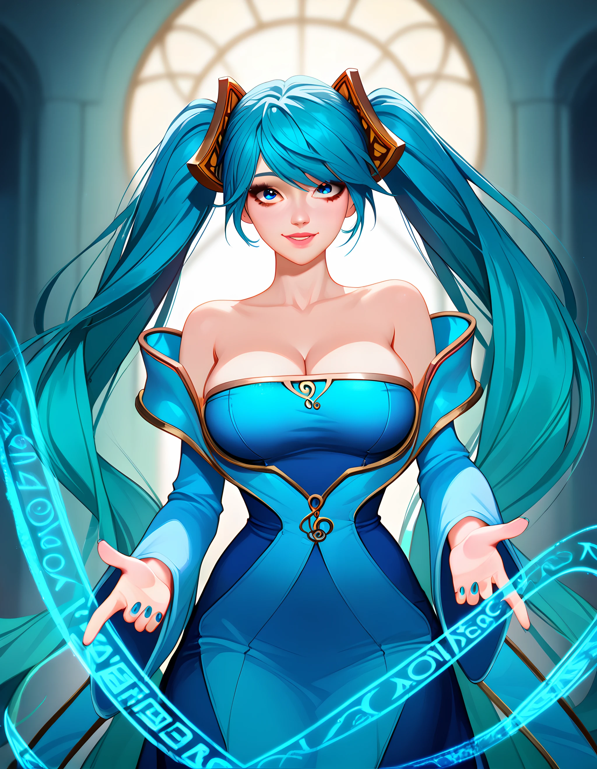 s0na, sona, 1girl, long hair, blue eyes, blue hair, aqua hair, twintails, hair ornament, large breasts, dress, cleavage, bare shoulders, collarbone, detached sleeves, blue dress, nail polish, blue nails, score_9, score_8, score_7, source_anime, zPDXL, <lora:arcan3styl3v1PonySDXL:0.35>, arcan3styl3v1, <lora:4rc4n3XLP:0.51>, 4rc4n3, <lora:Sona_Default_Pony_v1:0.75>, smile, looking at viewer, dramatic light