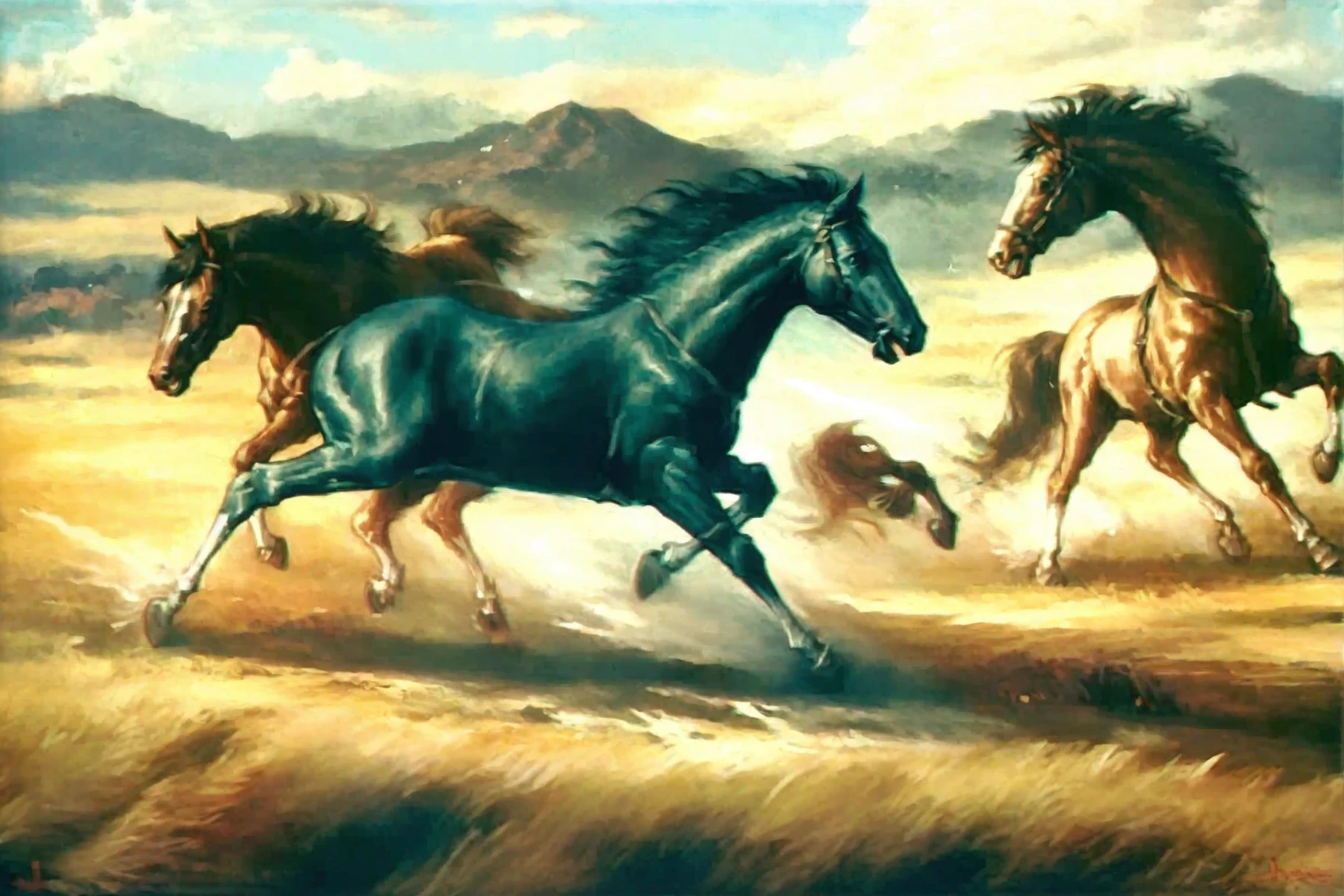 <lora:basuki-abdullah_pony_v1:1> ' horsies! ' by Abdullah Basuki in 1952, animal painting \(genre\), impressionism \(style\), realism \(style\), landscape \(genre\), a group of horses galloping over the landscape, score_9, score_6_up, score_7_up