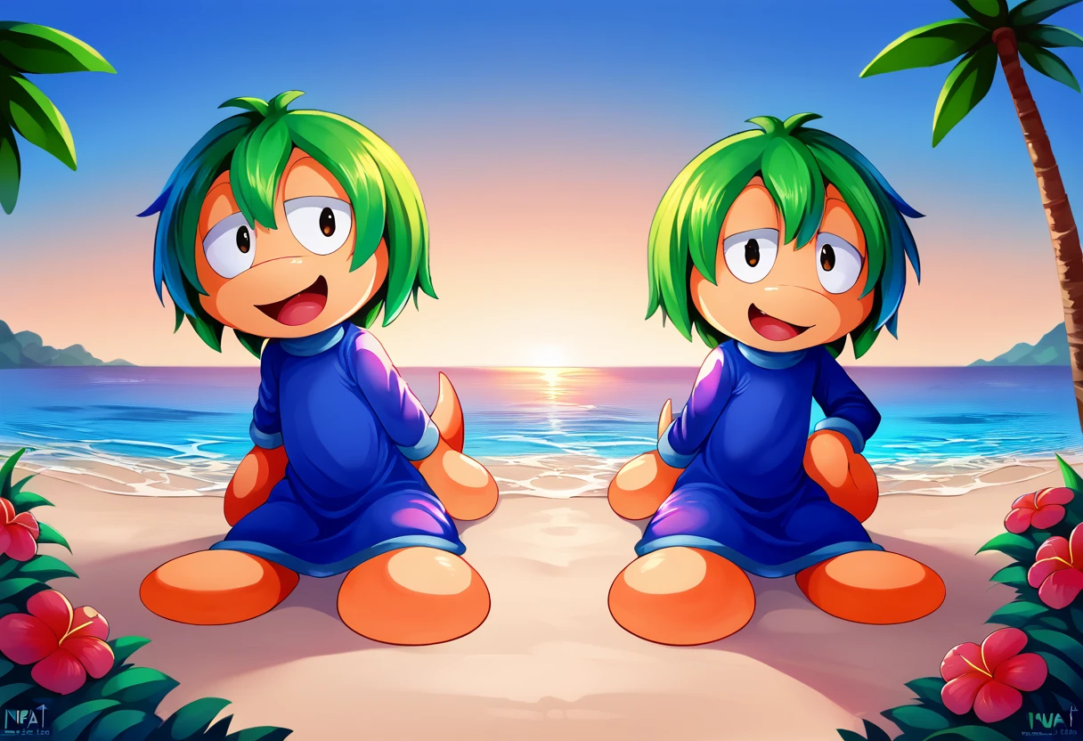 score_9, score_8_up, score_7_up, 1boy, by nurinaki, 
Lemming, Green Hair, Toony Feet, Blob Feet, Mitten Hands, Tail, Large eyes, blue robe,

Tropical paradise at dusk, bold and colorful beach scene, in the background, integrate layers of tropical flora with exaggerated proportions and bright, warm colors, such as oversized hibiscus flowers and banana leaves rendered in a playful, almost comic-book style.

Use sharp lines and contrasting colors to emphasize the pop art style and incorporate halftone patterns to give it that classic pop art texture