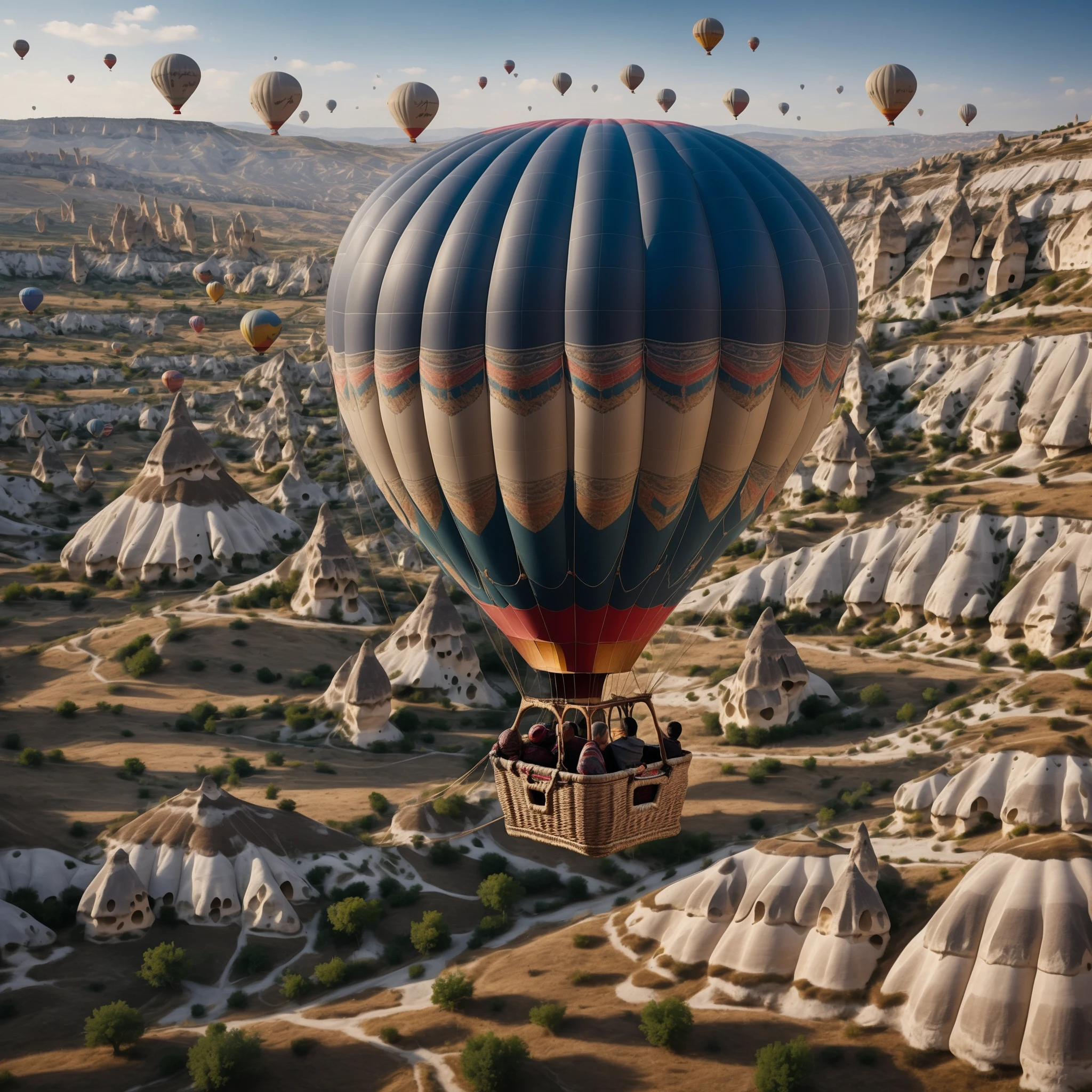 realistic image of a Cappadocia hot air balloon from 2024, with a highly detailed focus on the texture of the fabric, the ropes, and the basket.