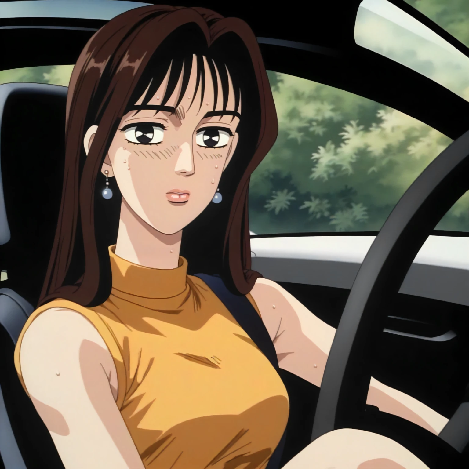 <lora:ID_MakoSatoXLpony001>,
outdoors,nature,
looking at viewer,parted lips,sweat,
solo,
MakoSato,1girl,brown hair,long hair,black eyes,
earrings,
yellow shirt,turtleneck,sleeveless,
pencil_skirt,black skirt,
sitting,car,driving,