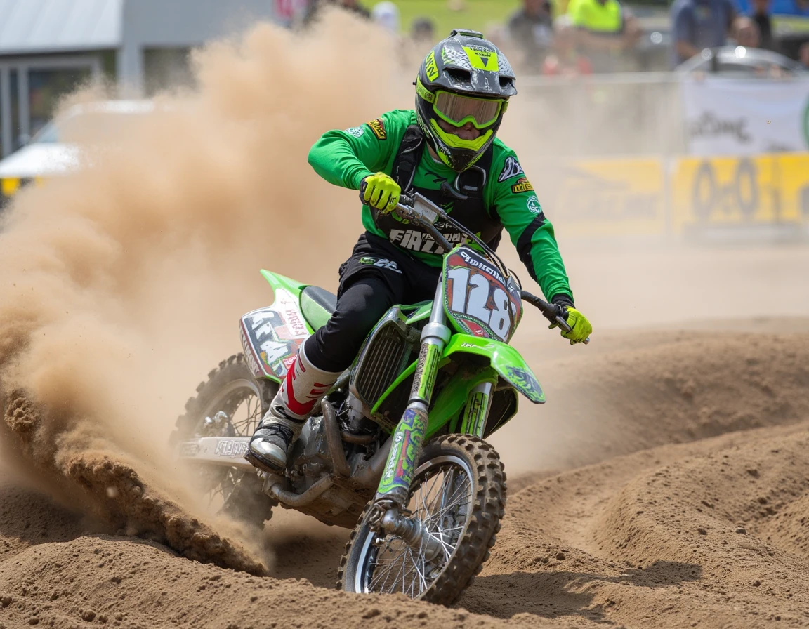 Motocross Rider Kicking Up Dust, color digital photograph, motocross rider, dirt bike, dust cloud, action shot, dynamic angle, green and black racing gear, helmet, goggles, number 128, racing, dirt track, high speed, motocross competition, sporting event, daytime, outdoor, tires, sponsorship logos, concentration, extreme sports