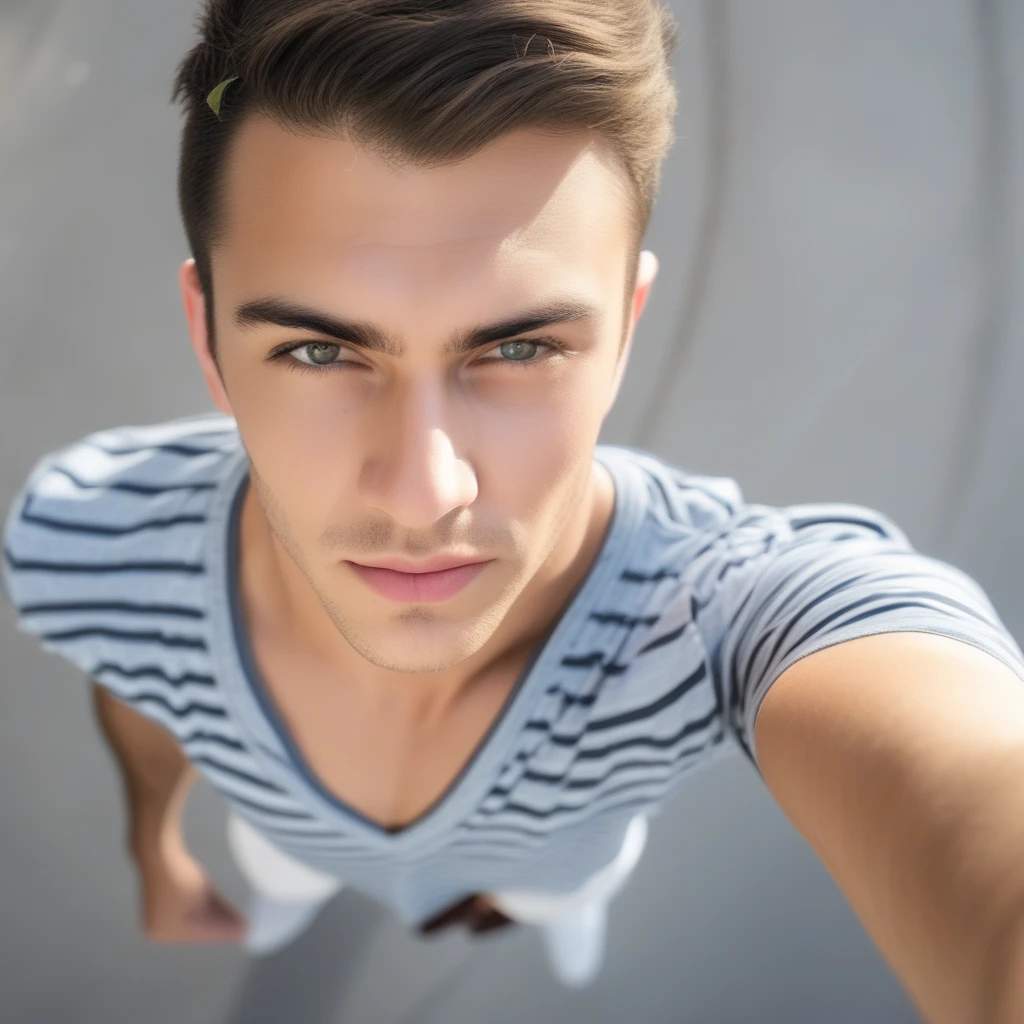 Handsome young male, face focus, from above, selfie, clothes pull