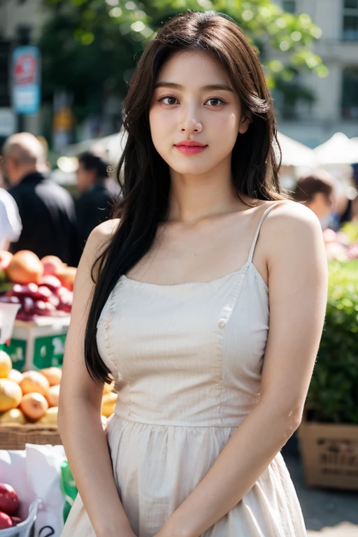 masterpiece, best quality, ultra-detailed, ultra high res, (photorealistic:1.4), raw photo, (realistic:0.2), 8k HDR, realistic lighting, looking at viewer, 1girl, solo, asymmetrical hair, outdoor, (traditional market:1.2), (day), bokeh, (detailed lips), (detailed pores), (detailed skin textures), (detailed face:1.2), (body:1.2), a woman in a sundress, cowboy shot,