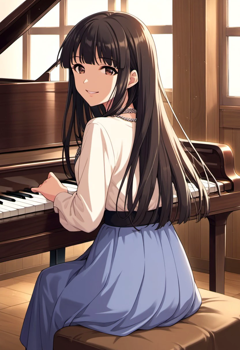 score_9, score_8_up, score_7_up, source_anime, kurokawa chiaki, long hair, black hair, brown eyes, 1girl, piano, instrument, solo, sheet music, sitting, smile, looking at viewer, looking back, jewelry, skirt, necklace, music, playing instrument