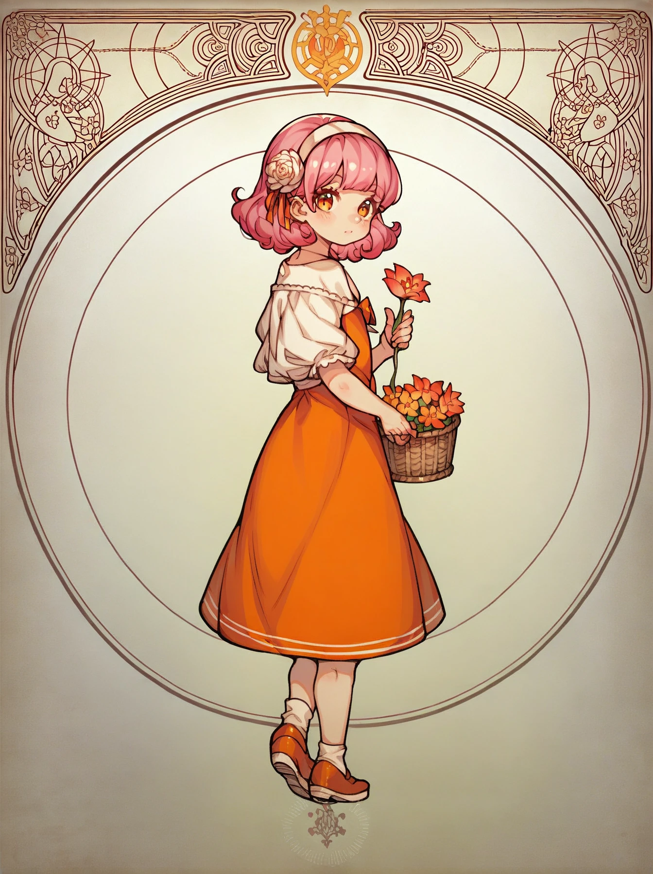 score_9, score_8_up, score_7_up, score_6_up, score_5_up, full body, vocidcharcard, ornate border, 1girl, young, child, holding flower basket, solo, pink hair, orange eyes, dress, cute looking at viewer, hairband, holding flower, vibrant