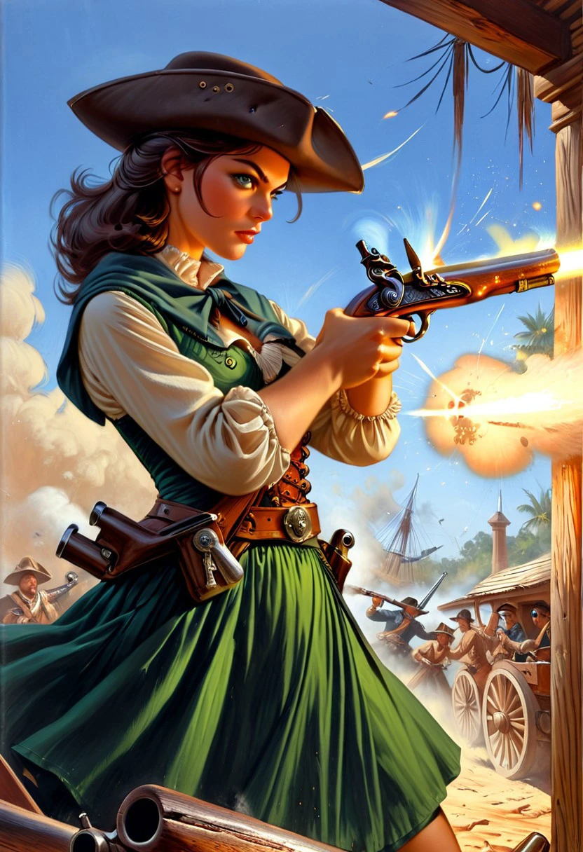 pulp cover art, a girl wearing plain colonial style dress firing a flintlock pistol, wide angle shot