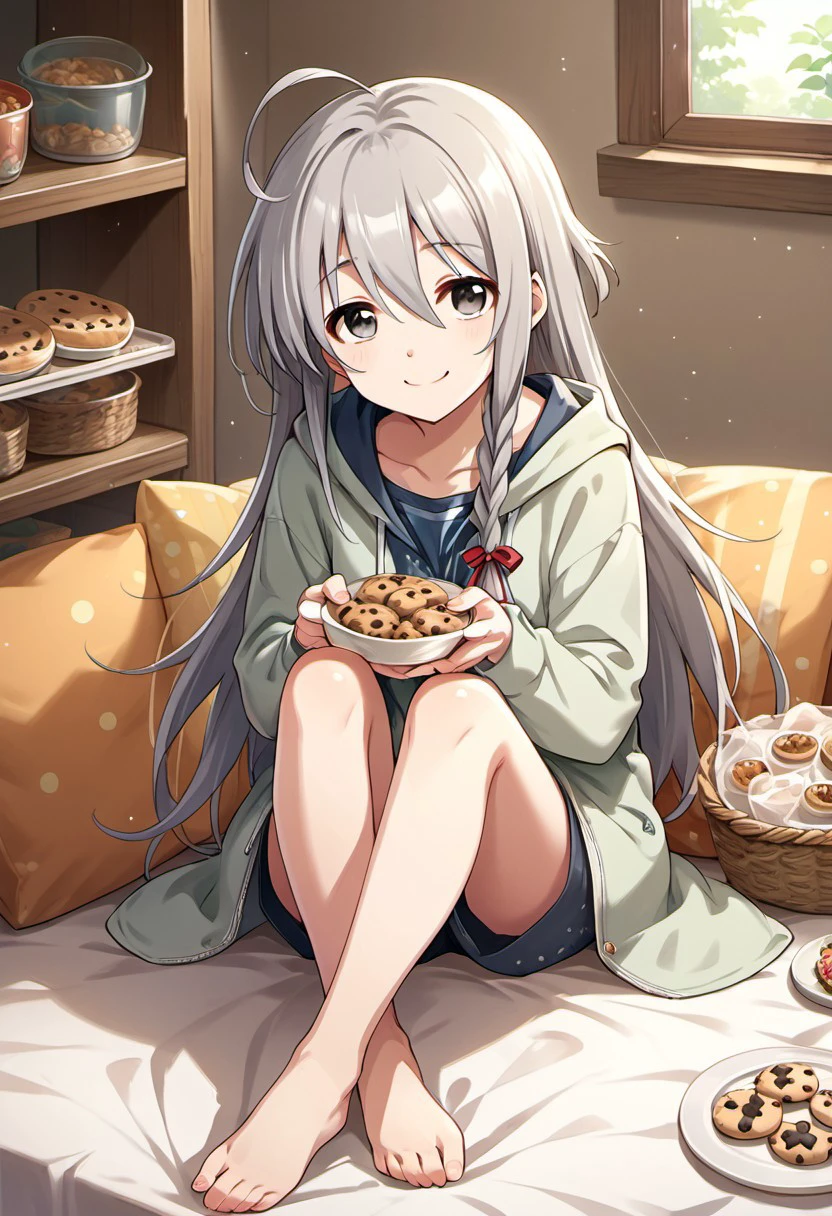 score_9, score_8_up, score_7_up, source_anime, hoshi shouko, long hair, ahoge, grey hair, grey eyes, braid, 1girl, solo, single braid, indian style, barefoot, sitting, cookie, smile, hood, food