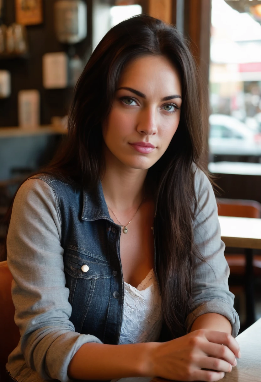 Hyperrealistic art photo of a woman, m3g4n,  wearing a casual outfit, at a cafe, looking at camera, Nikon Z9, (sharp focus), (high quality)  <lora:megf2009:.9> . Extremely high-resolution details, photographic, realism pushed to extreme, fine texture, incredibly lifelike