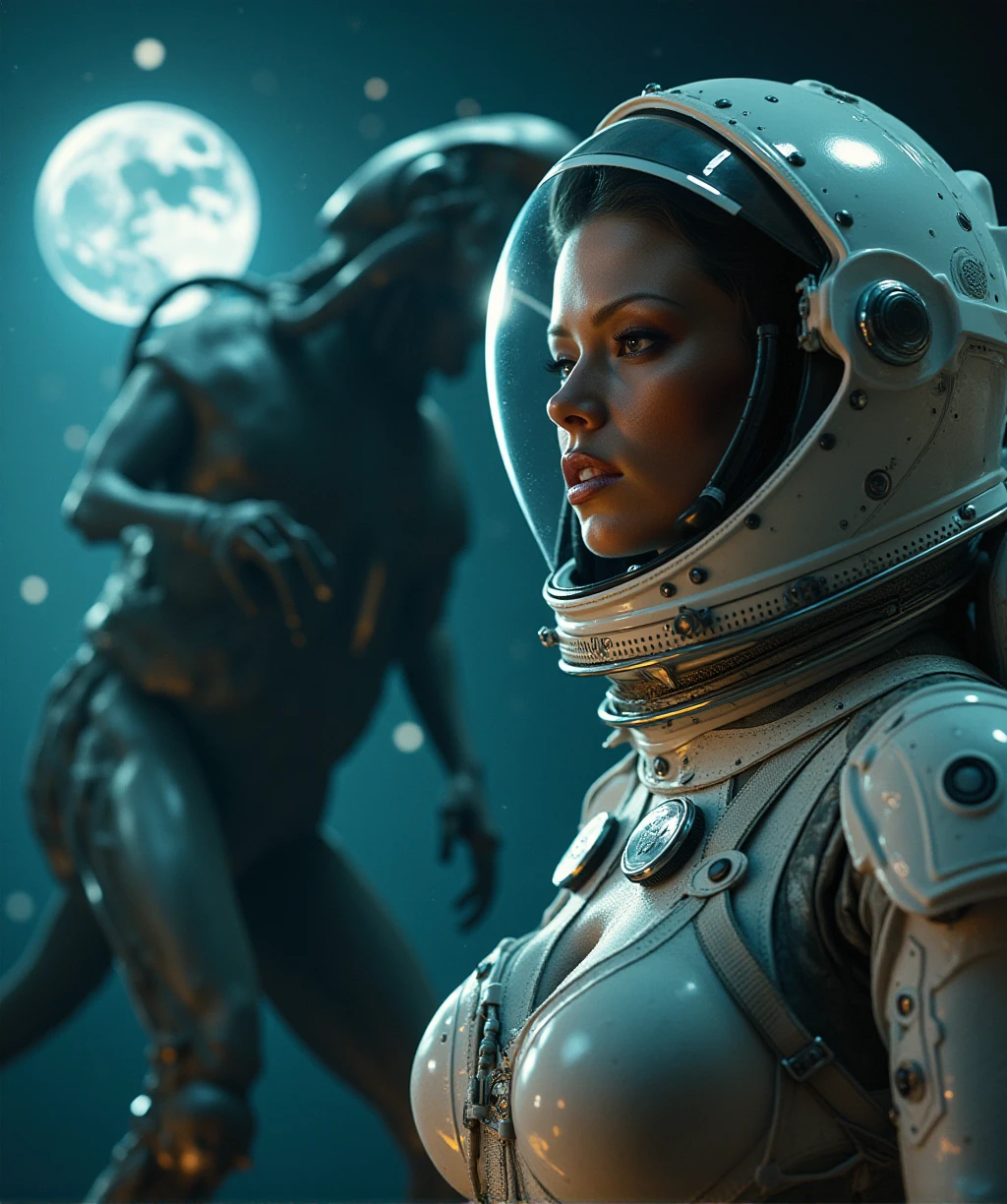 Jenna Jameson is an astonaut helmet and spacesuit. She is outside the international space station and looks at the earth. Xenomorph in the background <lora:JennaJameson:0.9>