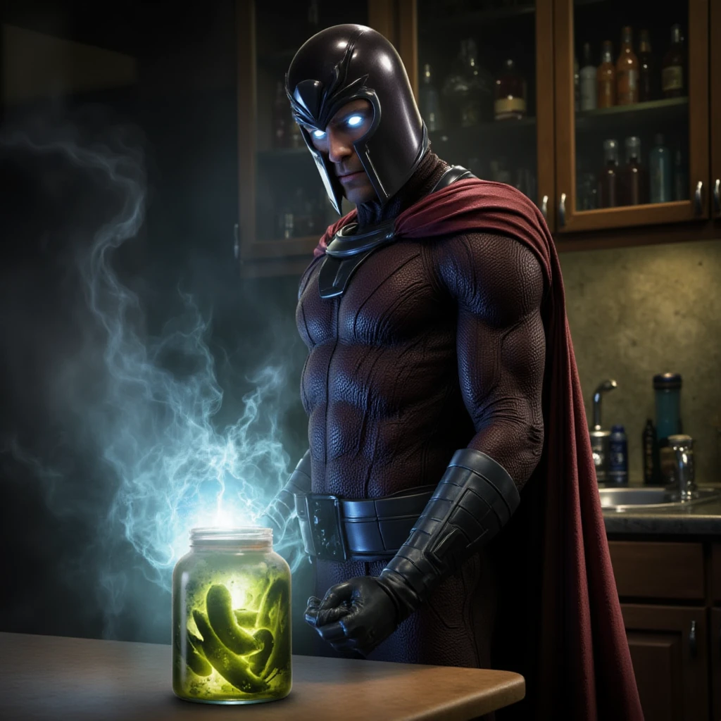 an frustrated Magneto with white eyes. He wears a helmet and a cape. He is trying to open pickles jar in a kitchen. He is glowing of energy but it's not enought <lora:Magneto:0.9>