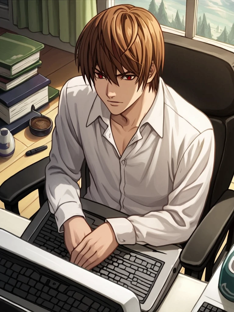 score_9, score_8_up, score_7_up, light yagami, a man sitting in front of a laptop computer, brown hair, red eyes, collared shirt, dress shirt, keyboard computer,     <lora:deathnote_pony_v1:0.95>