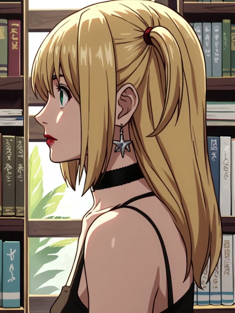 score_9, score_8_up, score_7_up, misa amane, a woman with blonde hair and blue eyes looking at a book shelf, 1girl, solo, jewelry, green eyes, earrings, choker, profile, makeup, lipstick,     <lora:deathnote_pony_v1:0.95>