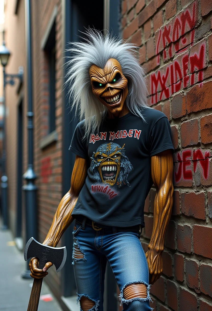 old, traditional media, Eddie, dressed in ripped dirty jeans and t-shirt. Holding an axe. Wild grey hair. Crazy smile. In A back alley "Iron Maiden" spray painted on a brick wall