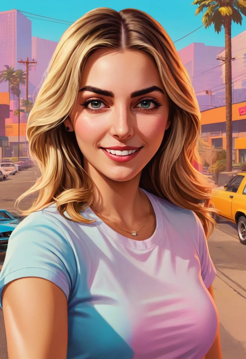 GTA-style artwork emelia,woman,happy,looking at viewer,<lora:Emelia Hartford SDXL:1>, . Satirical, exaggerated, pop art style, vibrant colors, iconic characters, action-packed