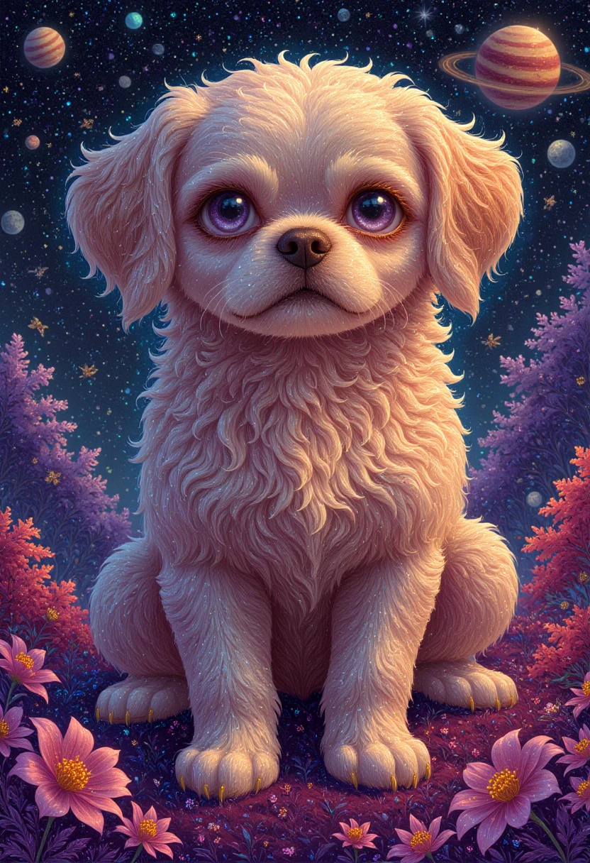 fantasy art by Donato Giancola, Color splash, overlapping compositions, full body shot of a Magical (Shih Tzu:1.1) , Planet Venus background, Masterpiece, Hopeful, absurdres