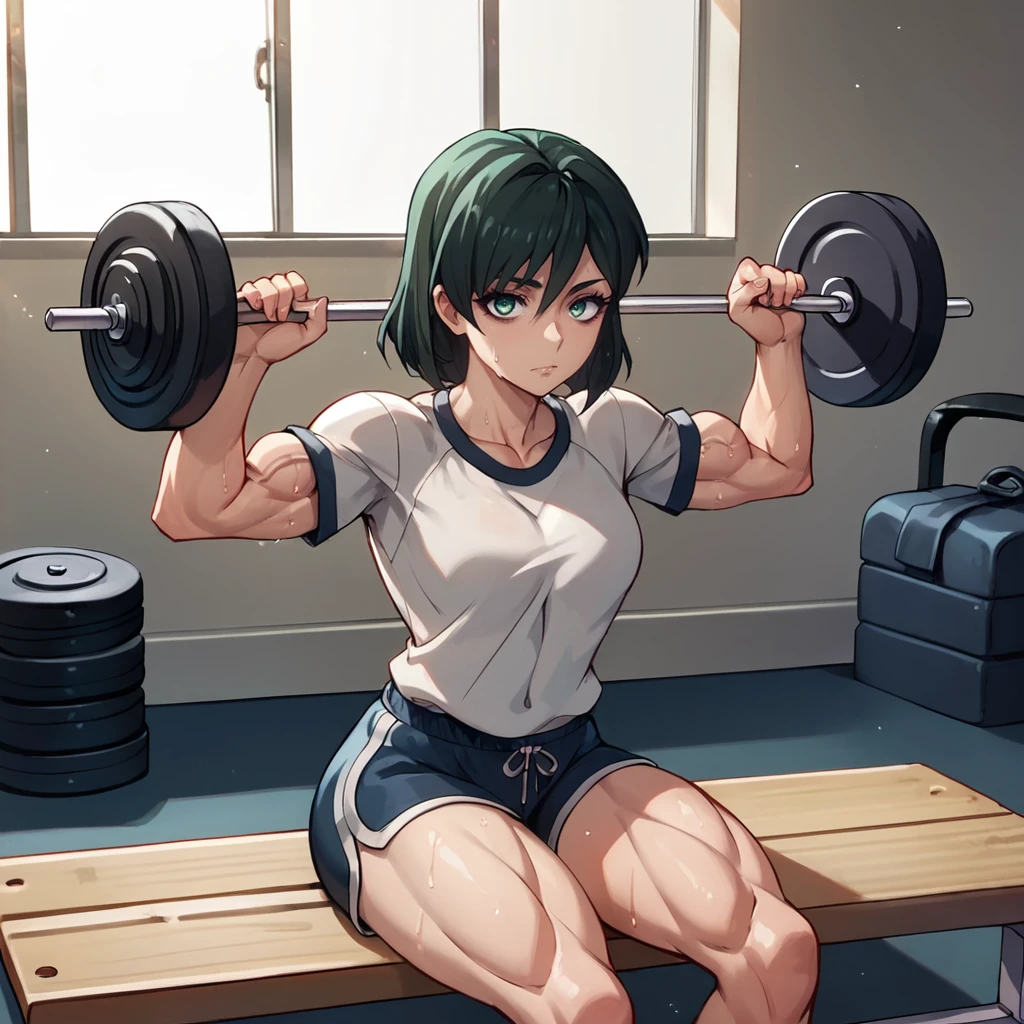 <lora:lily:1>,1girl,solo,lily (nier:automata),dark green hair,short hair,green eyes,gym shirt,gym shorts,impossible clothes,
indoors,gym,night,
sitting,on gym bench,arms up,exercise,weightlifting,sweat,sweatdrop,looking at viewer, exhausted, bags under eyes, veins, muscular female,, score_9, score_8_up, score_7_up, perfect anatomy, source_anime, zPDXL2,