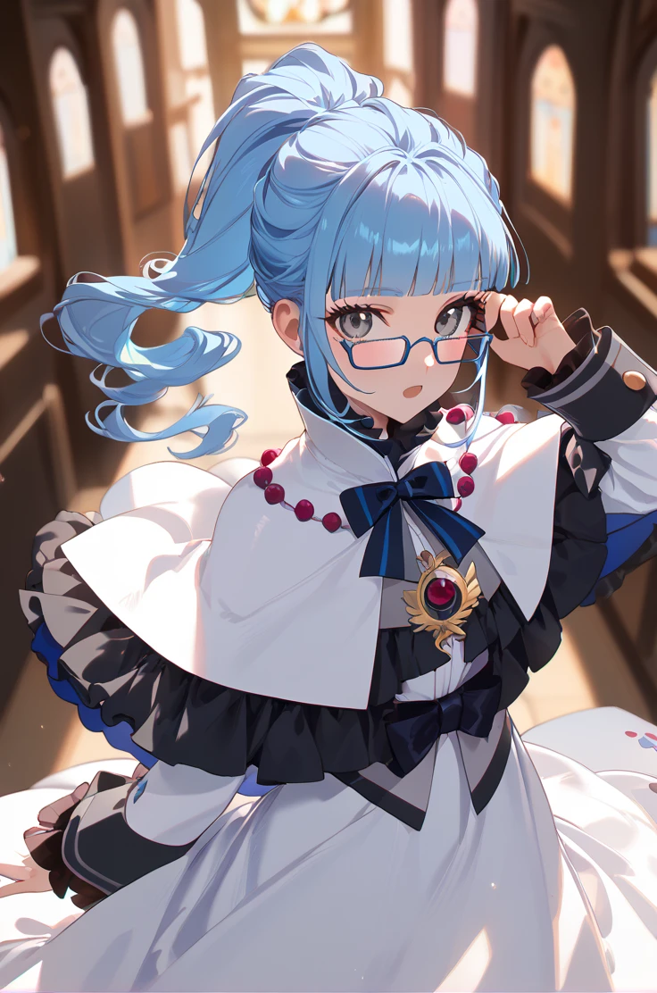 score_9, score_8_up, score_7_up, very aesthetic, source_anime, detailed,
blurry background, simple background,
dynamic angle, close up, cowboy shot, glasses, adjusting glasses, looking at viewer, open mouth, blush,
<lora:ange_autismConfetti_v02:1>angeBase, blue hair, blunt bangs, ponytail, high ponytail, grey eyes, long hair, 
 long dress, white dress, sleeve cuffs, long sleeves, capelet, frills,, zPDXL