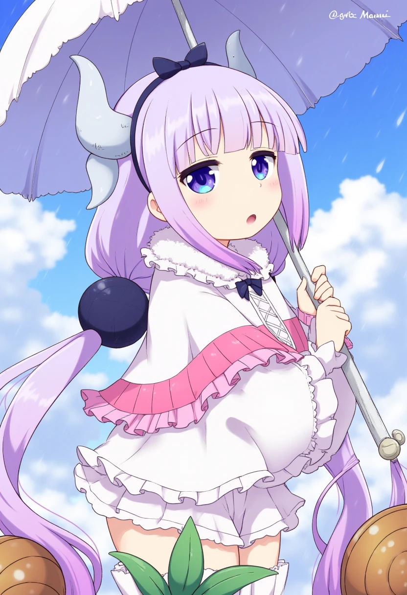 kanna kamui, 1girl, blunt bangs, bow hairband, capelet, cloud, cloudy sky, dragon girl, dragon horns, frilled capelet, frills, fur collar, hair ornament, hairband, holding, holding umbrella, horns, jitome, long hair, long sleeves, low twintails, outdoors, plant, purple eyes, purple hair, rain, reaching, sky, snail, solo, twintails, umbrella, very long hair, water drop