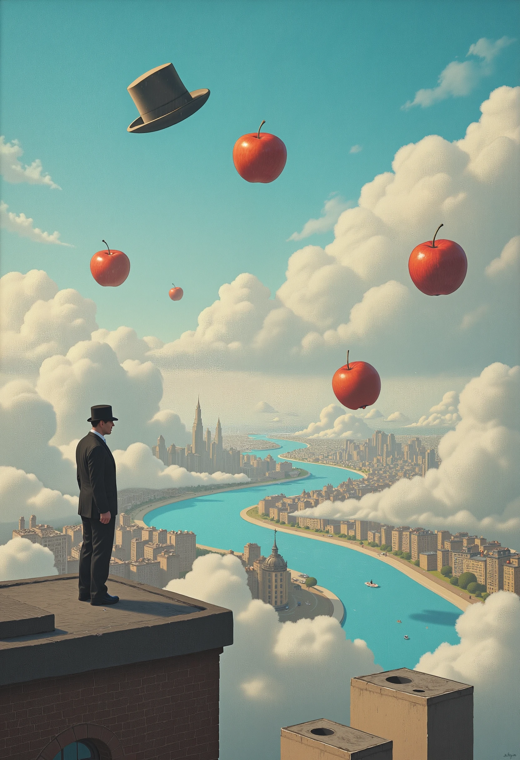 A surreal cityscape in the style of René Magritte. The city appears normal at first glance, but upon closer inspection, the buildings are made of clouds, and the streets are rivers flowing with sky-blue water. In the sky, enormous floating apples and bowler hats drift among the clouds. A lone figure in a suit stands on a rooftop, gazing out at the bizarre landscape, with an expressionless face. The scene is painted with precise realism, but the juxtaposition of ordinary elements in unusual contexts creates a sense of surreal mystery and intrigue.