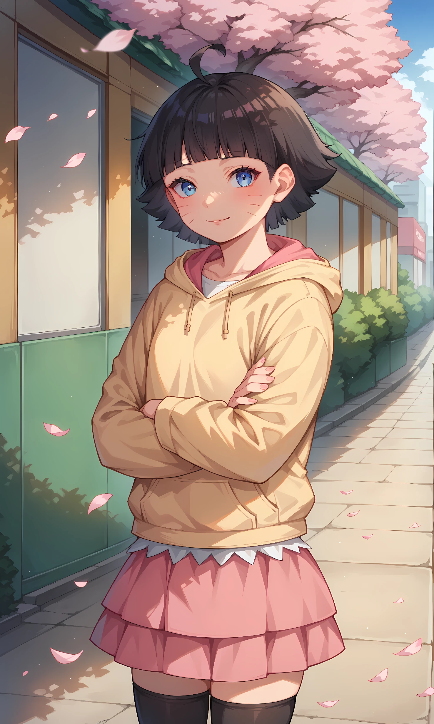 score_9, score_8_up, score_7_up, BREAK source_anime, 1girl, solo, outdoors, street, cherry blossoms, cowboy shot, standing, looking at viewer, himawari, blue eyes, black hair, short hair, blunt bangs, facial mark, whisker markings, ahoge, yellow hoodie, long sleeves, (pink skirt:1.3), black thighhighs