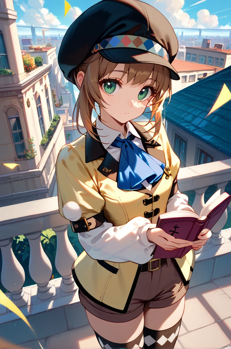 score_9, score_8_up, score_7_up, very aesthetic, source_anime, detailed,
steampunk city, street
cowboy shot, dynamic angle
holding small note book, looking at note book, holding pen, thinking,
1girl, 
<lora:leiax2_autismConfetti_v02:1>leia2base, cabbie hat, black headwear, brown hair, green eyes, brown shorts, short shorts, thighhighs, white long sleeves, blue ascot, pink footwear, yellow short sleeves , yellow shirt,, zPDXL