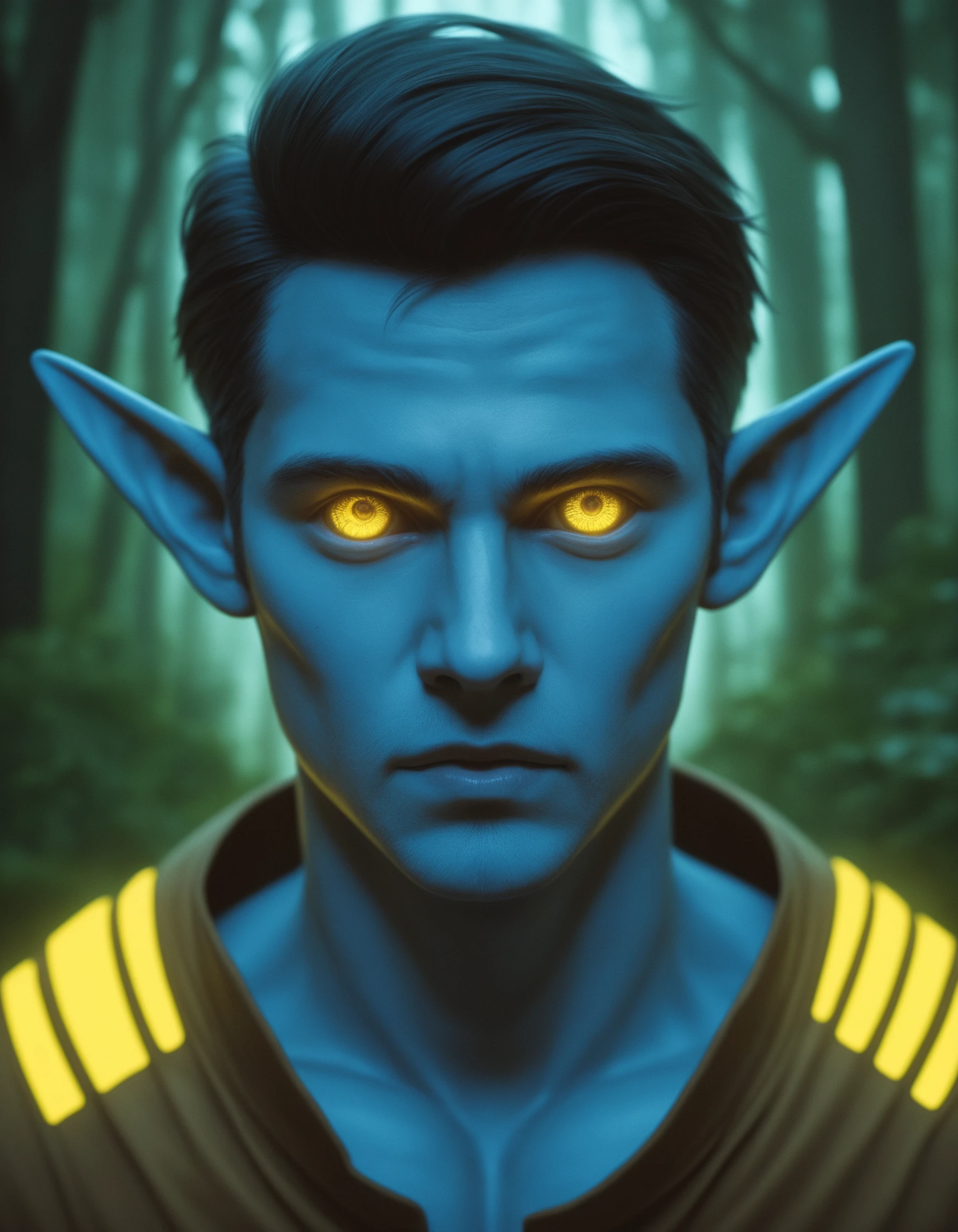 Close-up stunning realistic photograph, (Elf male showcasing luminous threads in tunic:1.3), Off-center composition, Fluorescent glowing neon blue skin, Long slender arms, (Perfect detailed face:1.2), Large almond-shaped eyes, Cyberpunk glowing neon forest background, Intricate patterns, (Bright yellow light reflection:1.2), Captured with a Nikon Z7, NIKKOR Z 85mm f/1.8 lens, Rich contrast, Sharp focus, Vivid textures, score_9, score_8_up, score_7_up, score_6_up, score_5_up, score_4_up,