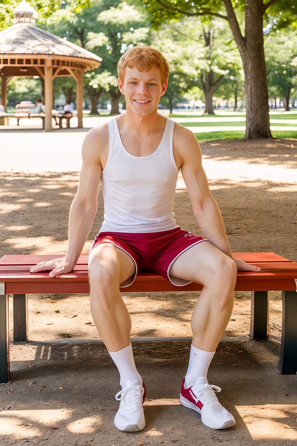 city park pavilion, sitting on picnic bench, smiling, ginger hair, CFMatt, wearing (white tank top), (red gym shorts:1.2), socks, sneakers, (((full body portrait))), wide angle  <lora:CFMatt:0.8>