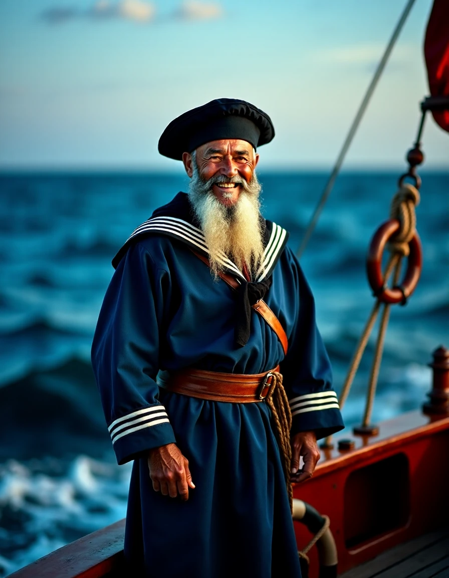 a salty old sailor standing on a bot in the ocean, he has a long grey beard and is smiling warmly, he is wearing traditional sailor clothes, <lora:The_Deep_Dark_Ocean-SD1.5PonySDXLFlux:0.5>, deepdarkocean, best quality, masterpiece, 4k, perfect lighting, very aesthetic, detailed, very detailed