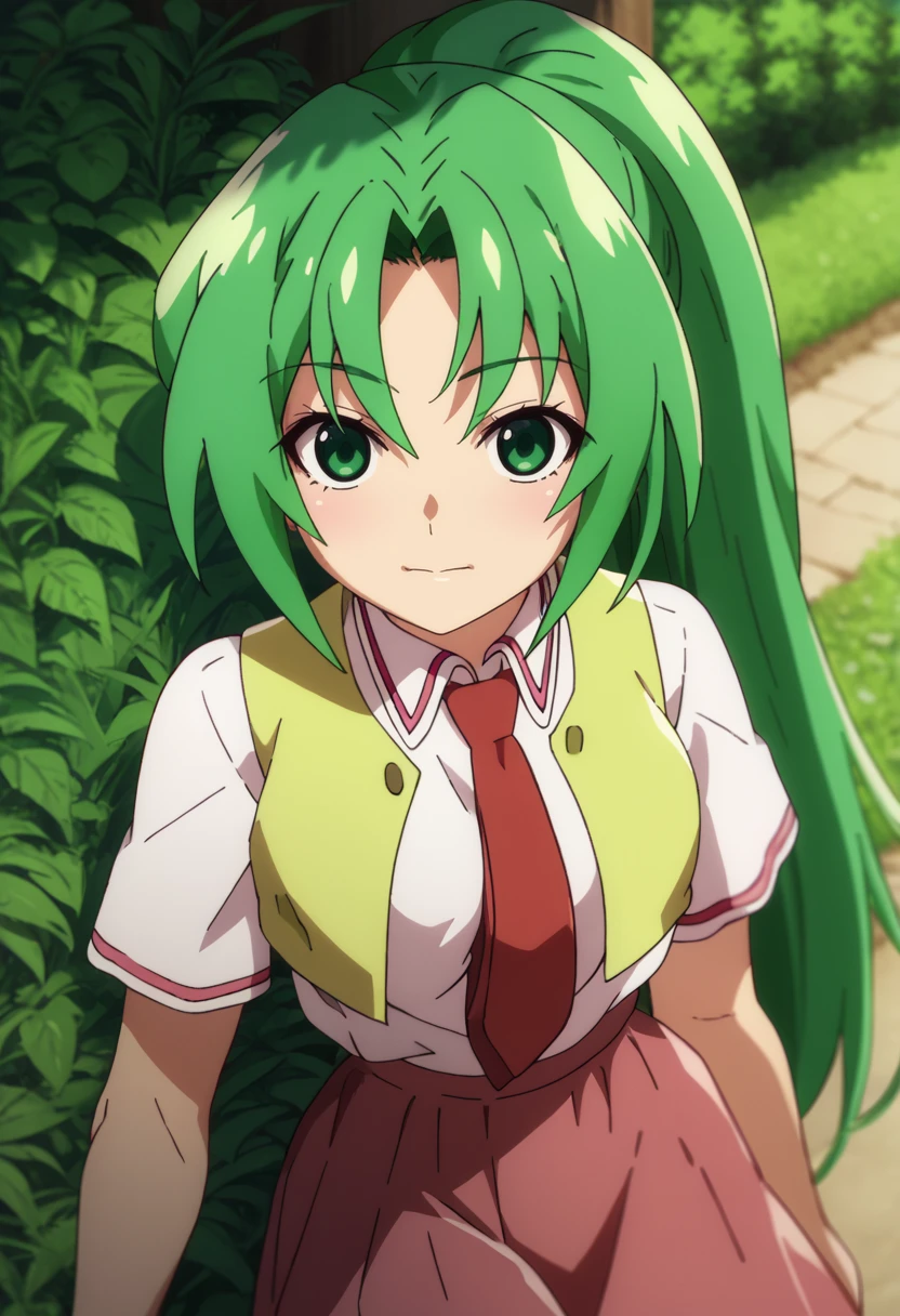 score_9, score_7_up, 1girl,    <lora:Higurashi GOU-000045:1>  <lora:MionCAME2:1> Mion Sonozaki, green eyes, ponytail, green hair, white shirt, red necktie, yellow vest, red skirt, looking at viewer,