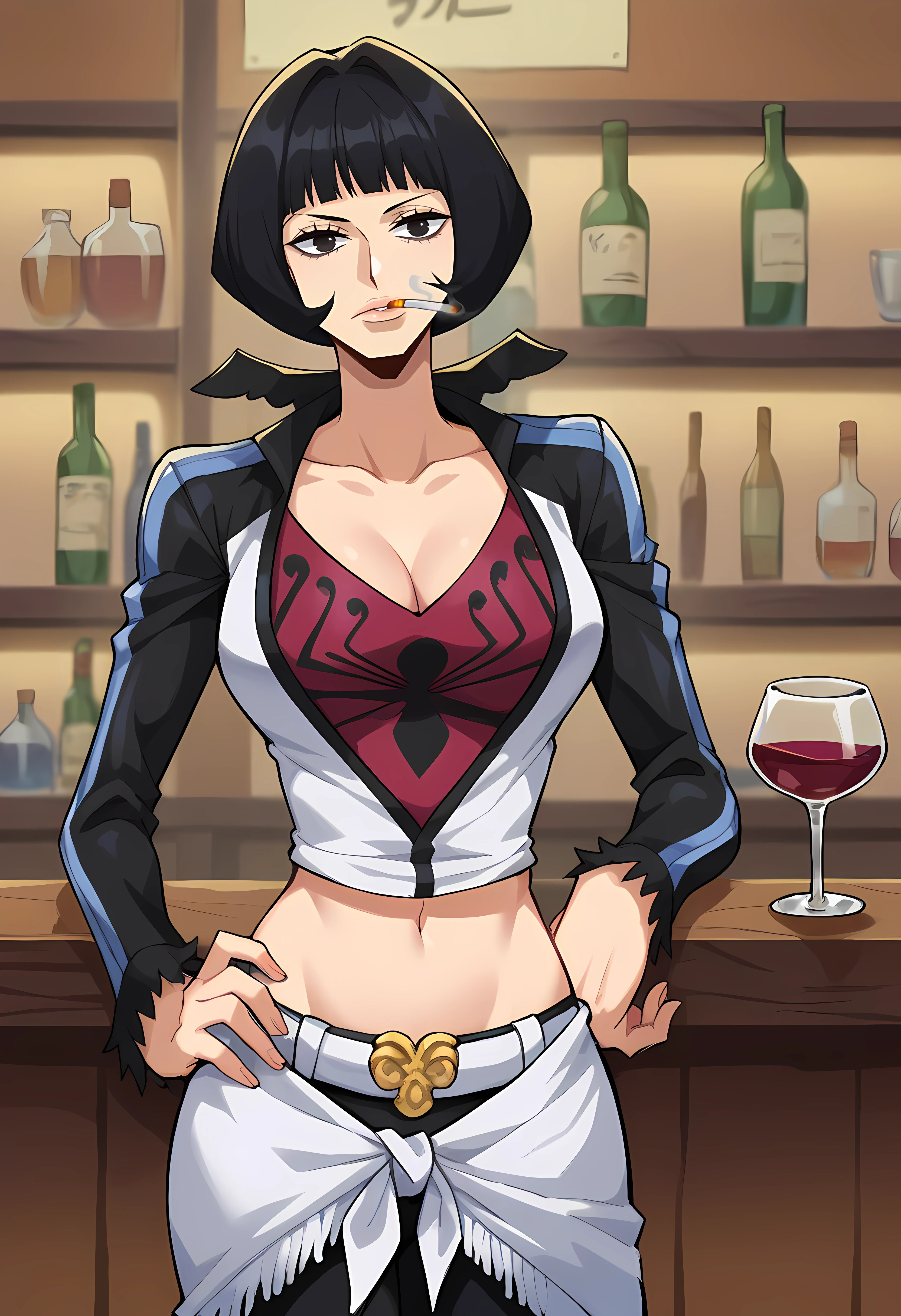 scorescore_9, score_8_up, score_7_up, cowboy shot,  source_anime, in bar, <lora:Shakky:0.8>Sh4kky, 1girl, solo, standing, black hair, short hair, bob cut, black eyes, hand on hip, holding cigarette, smoking, holding glass,  cleavage,  jacket, crop top, pants, white skirt, long sleeves, looking at viewer, drinking wine