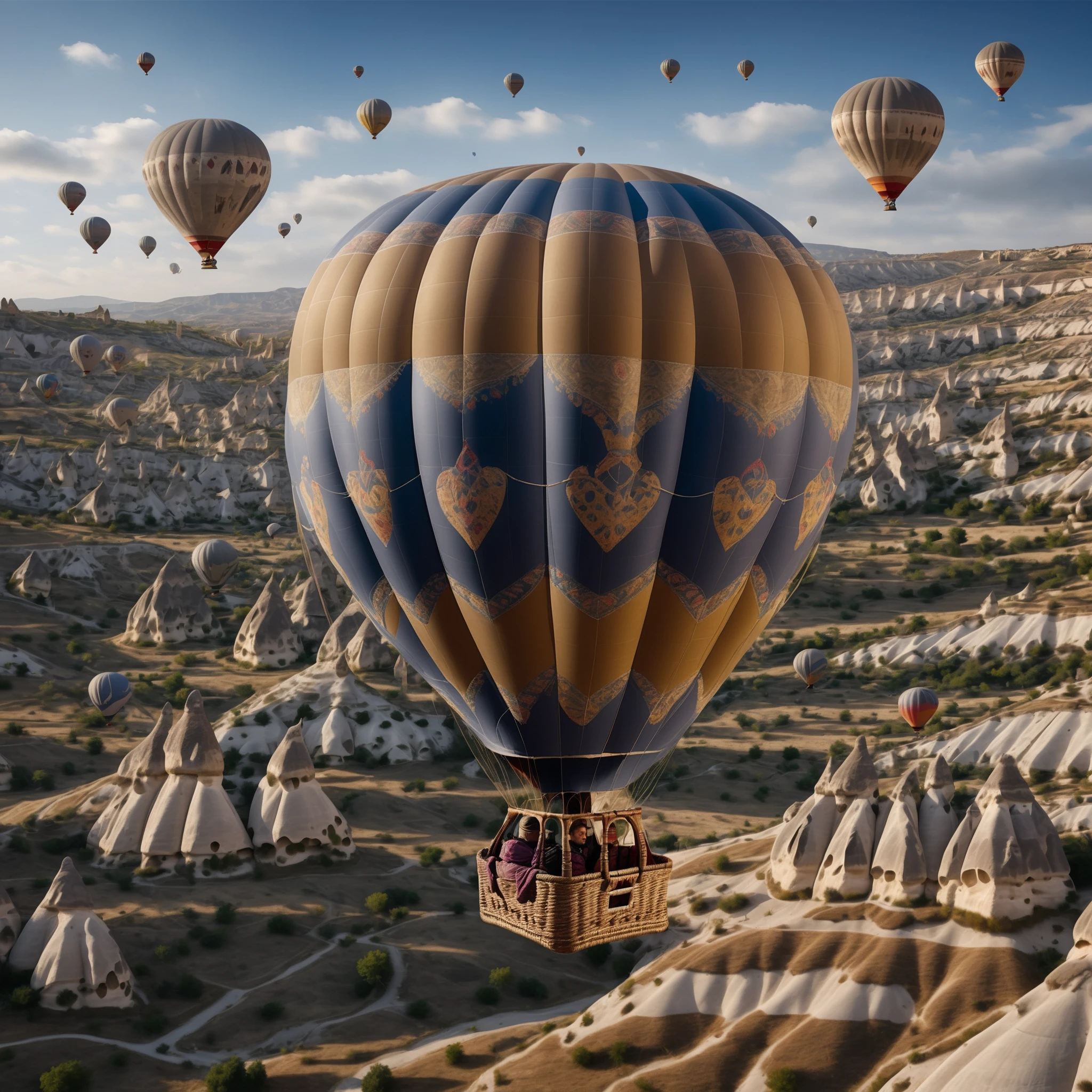 realistic image of a Cappadocia hot air balloon from 2024, with a highly detailed focus on the texture of the fabric, the ropes, and the basket.