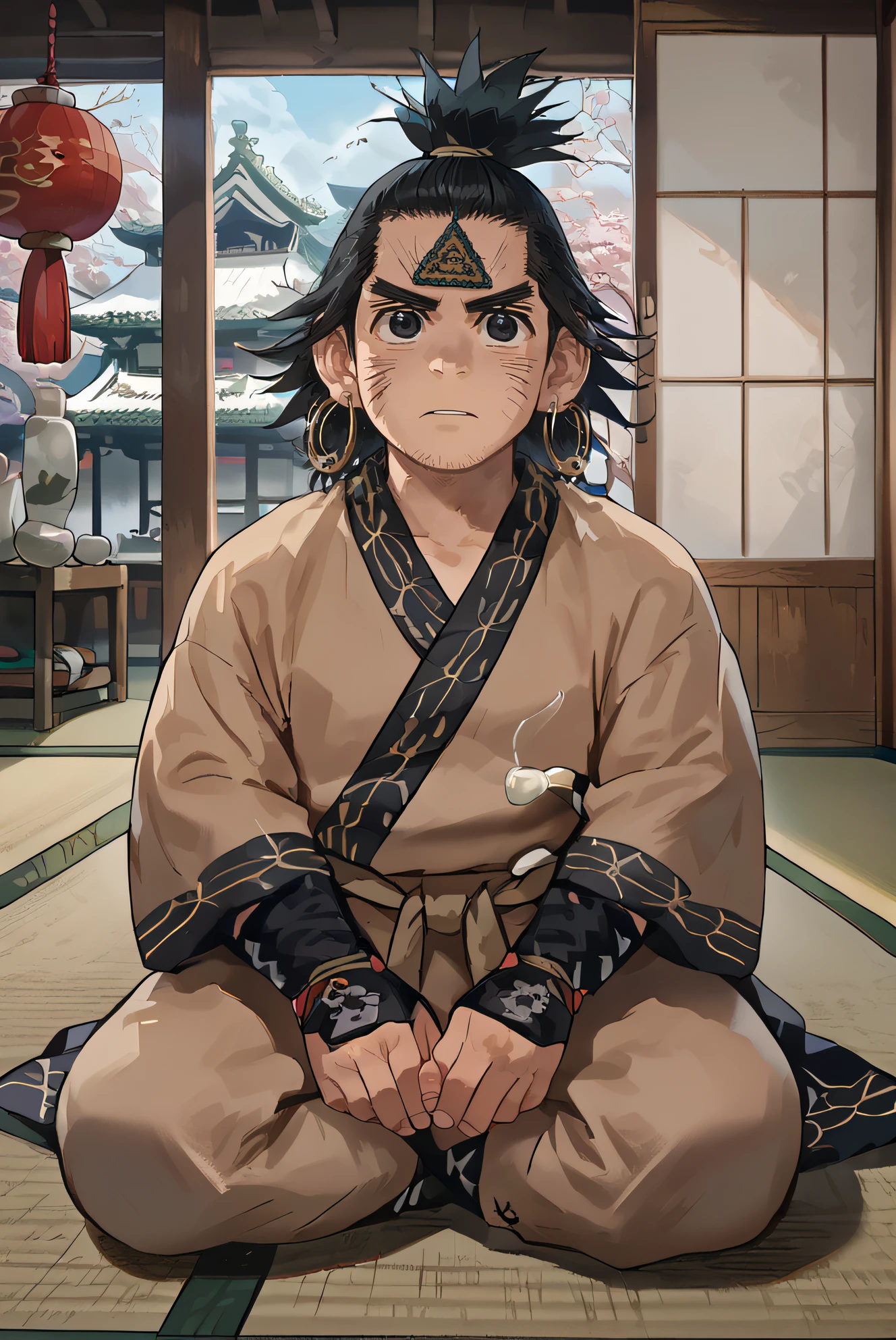 score_9, score_8_up, source_anime,
1boy, chikapashi, black hair, black eyes, topknot, jewelry on forehead, hoop earrings, facial marks, ainu clothes,
wide sleeves, indoors, sitting, tatami, wariza,
<lora:Smooth Style 2 SDXL_LoRA_Pony Diffusion V6 XL:0.8> <lora:chikapashi:1>