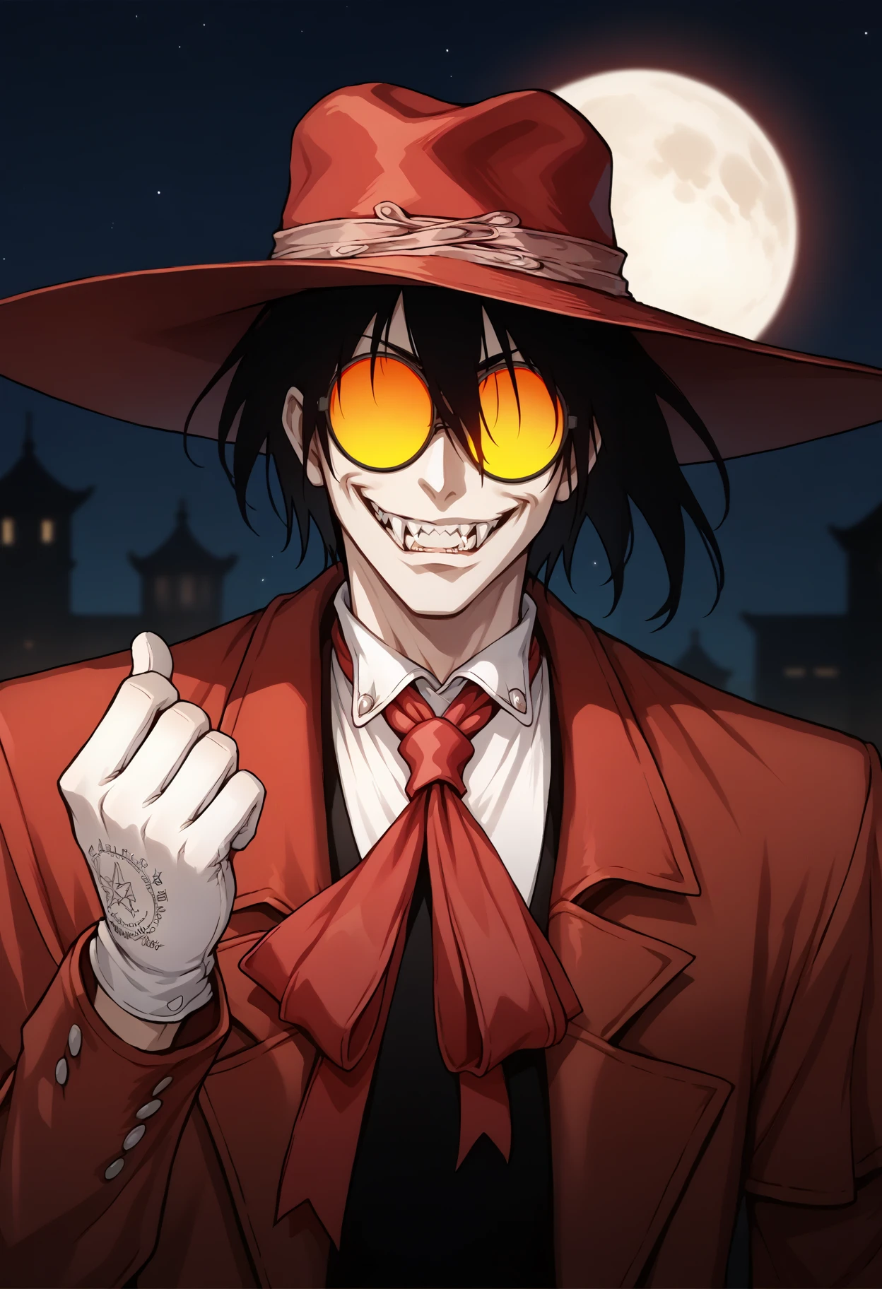 score_9, score_8_up, score_7_up, source_anime, 1boy, upper body, hand up, clenched hand, grin, sharp teeth, fangs, covered eyes, <lora:AlucardHS-pdxl:1> aluHS, red hat, black hair, glasses, orange-tinted eyewear, red trench coat, red ascot, collared shirt, white gloves, night, full moon