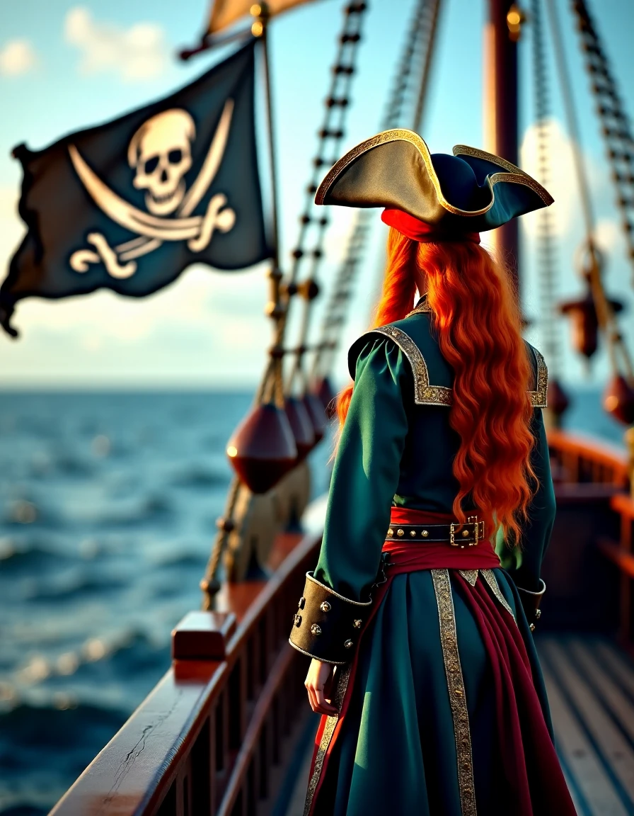 a pirate queen is standing on the prow of her pirate ship and looking into the distance, she is wearing traditional pirate clothes and a traditional pirate three-cornered-hat, she has long red hair that is untied, there is a pirate flag in the 'skull and bones' style, <lora:The_Deep_Dark_Ocean-SD1.5PonySDXLFlux:0.5>, deepdarkocean, best quality, masterpiece, 4k, perfect lighting, very aesthetic, detailed, very detailed