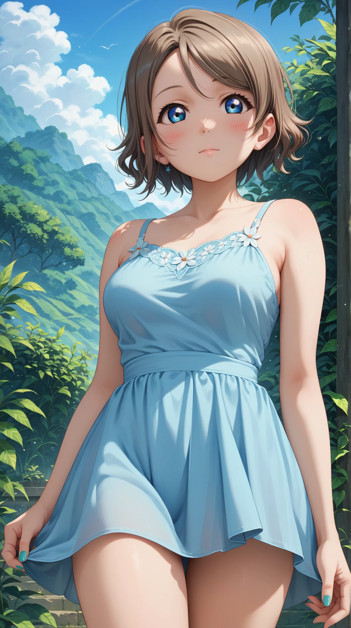 score_9, score_8_up, score_7_up, solo, 1girl, yutanabe, short hair, medium breasts, closed mouth, looking at viewer, 
light blue dress, blush
(thighs:1.3), cowboy shot, outdoors, greenery, nail polish, sky
<lora:layou-04:0.8>