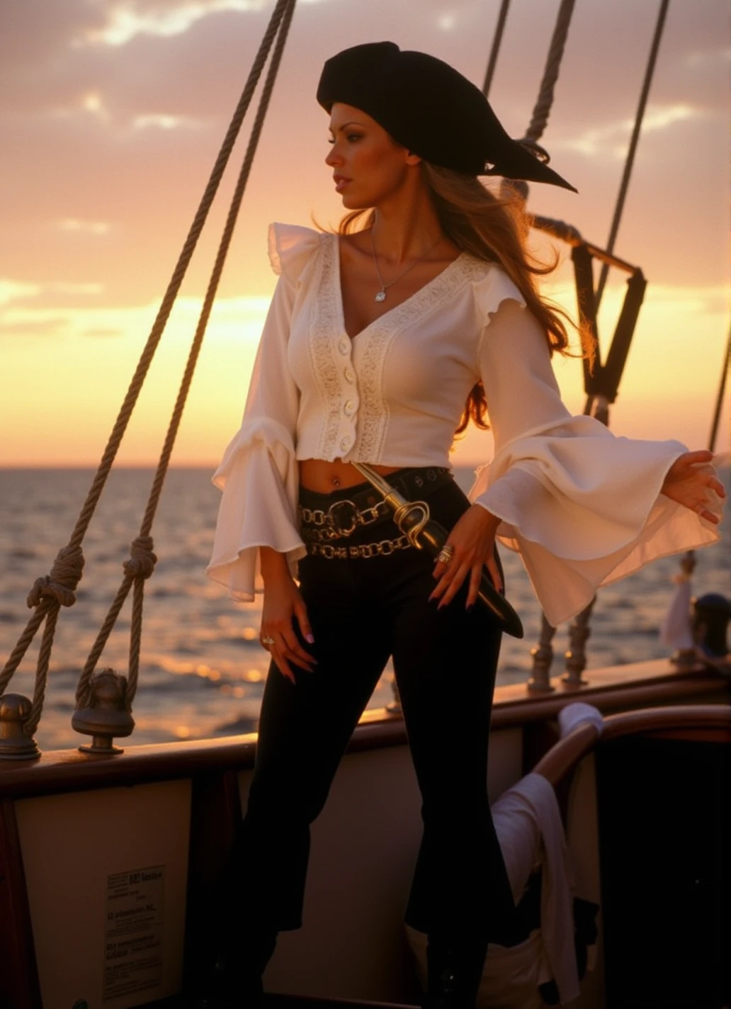 Jenna Jameson is a pirate. She wears a pirate hat and A white butondown blouse with voluminous sleeves, a chunky belt with a sword, and black lace-up pants and pirate boots. She is sailing on a pirate boat, looking at the horizon. it's a beautiful sunset over the ocean but she is not underexposed<lora:JennaJameson:0.9>