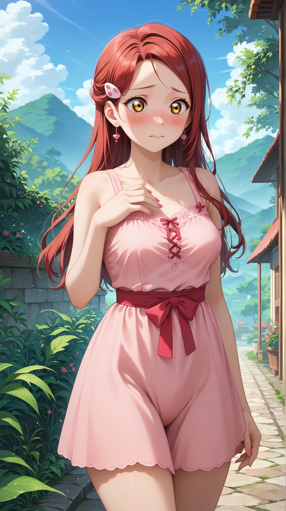 score_9, score_8_up, score_7_up, solo, 1girl, rikosauchi, hair ornament, hairclip, red hair, long hair medium breasts,
pink dress, embarrassed, blush
(thighs:1.3), cowboy shot, outdoors, greenery, nail polish, sky, pink nails, 
 <lora:xlponyriko-04:0.7>