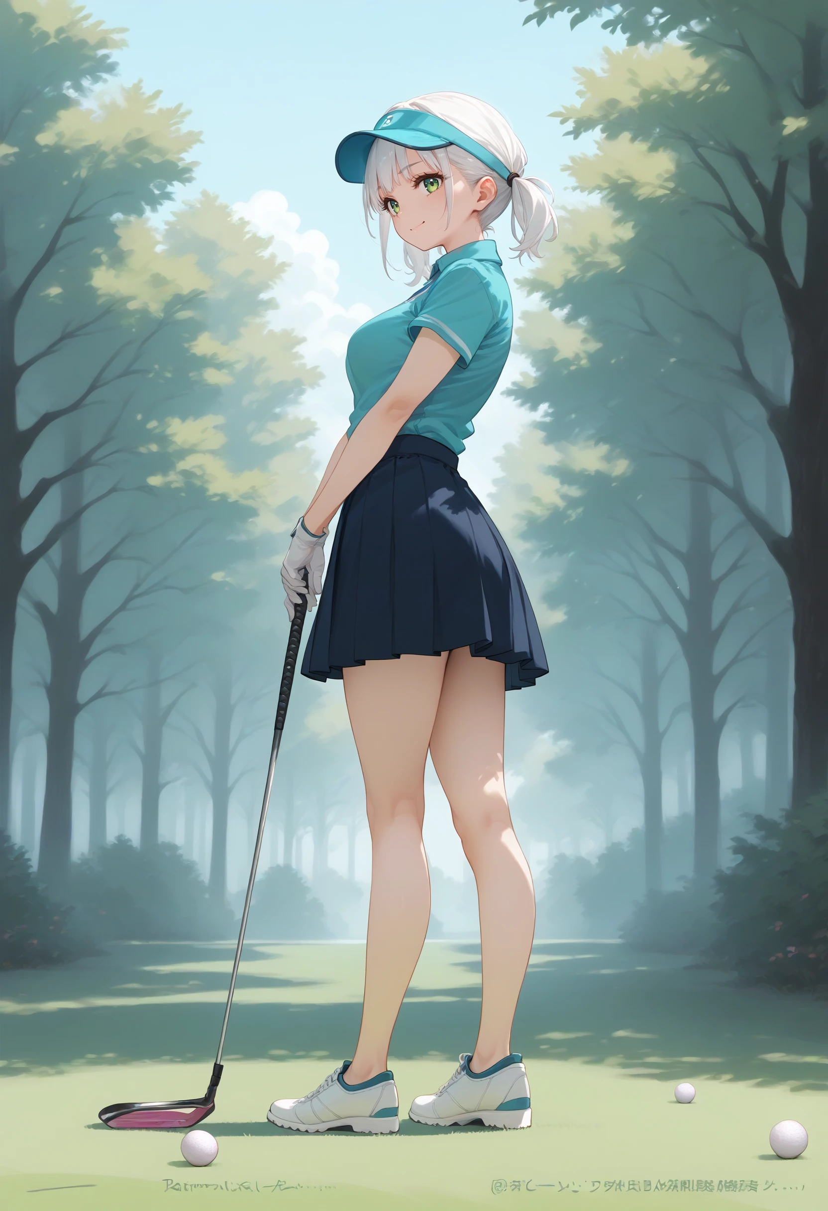 score_9, score_8_up, score_7_up, source_anime,
1girl,solo,medium breasts,
golf,golf club,gloves,shirt,skirt,visor cap,outdoors,day <lora:golf_Pony_v1:0.8>
from side, full body, looking back, white hair, green eyes,sad smile, closed mouth, short twintails hair,,