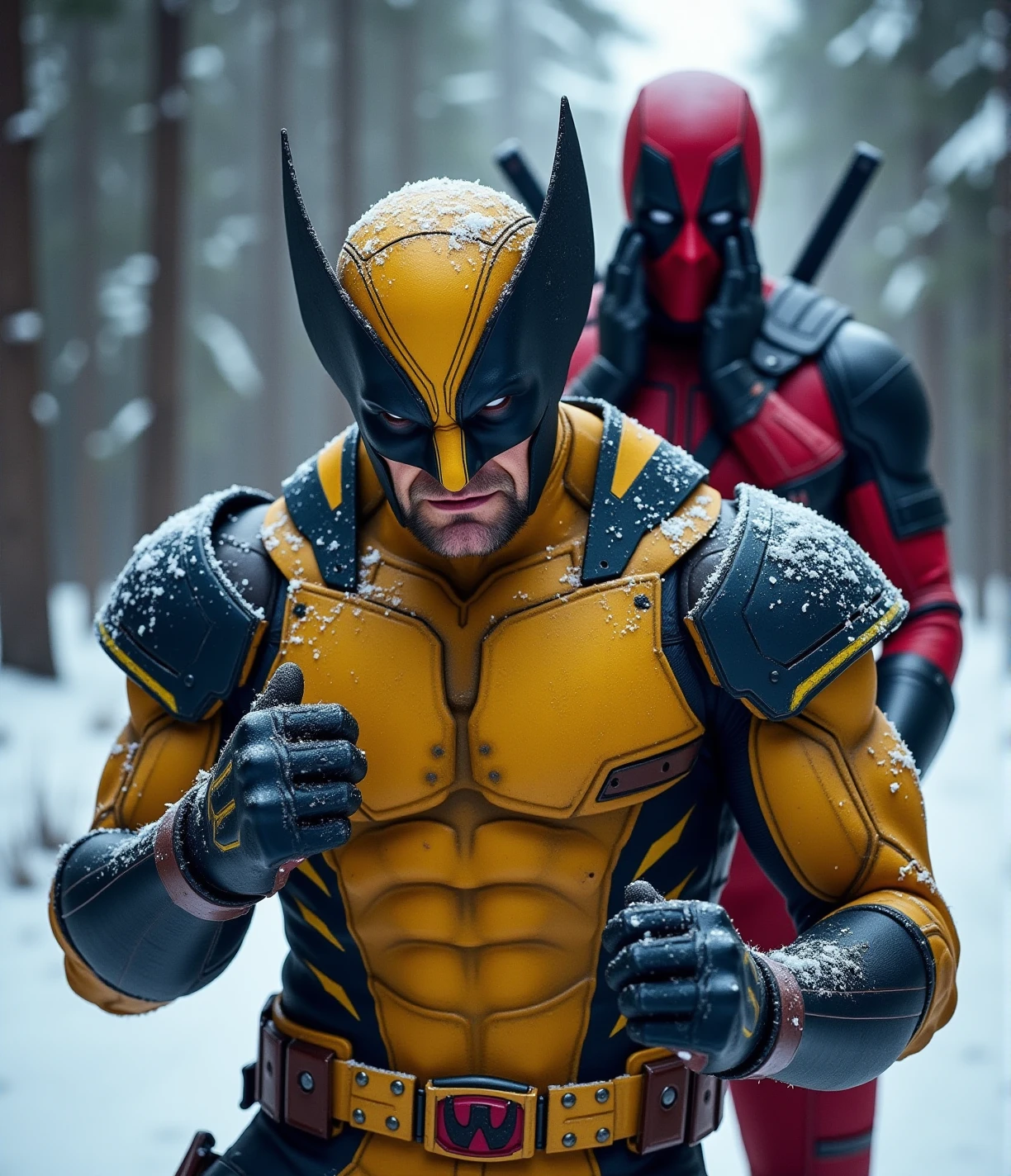 a maskless wolverine is ready top fight, claws out, in the snow, canadian forest background. Deadpool in the background is holding his face  <lora:Wolverine:0.8>