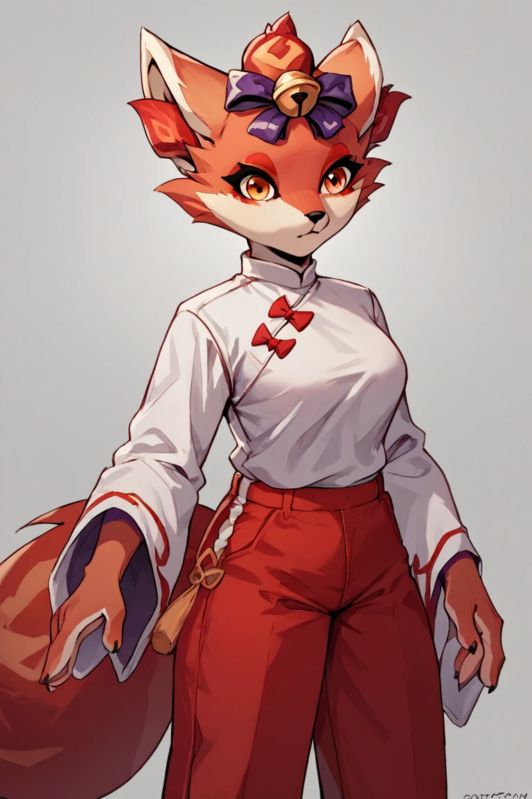 score_9, score_8_up, score_7_up,source_furry, digital art, adult furry female, standing, GunFireLi, red fox, tail, orange eyes, hair bell, purple bow, two-tone fur, red_inner_ear_fluff, red pants, white blouse, wide sleeves